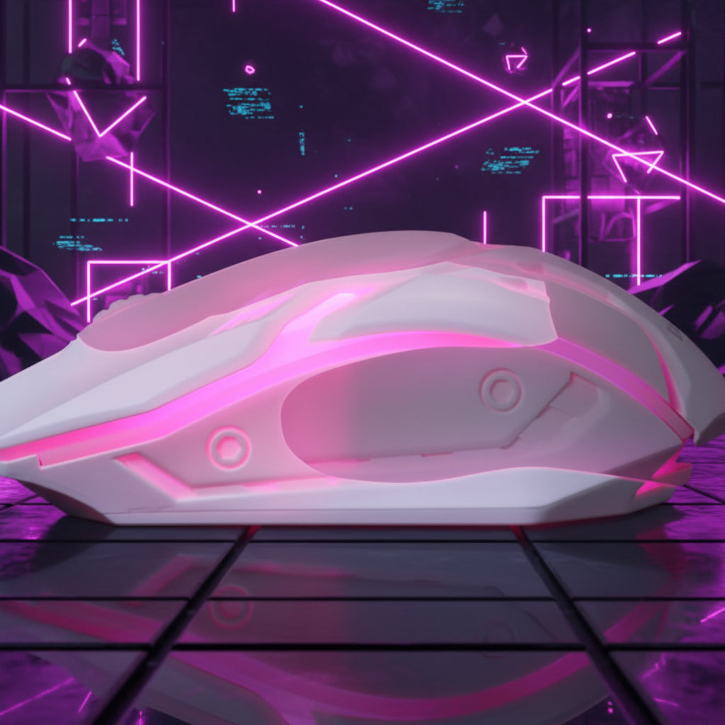 White gaming mouse with pink accents on a reflective surface