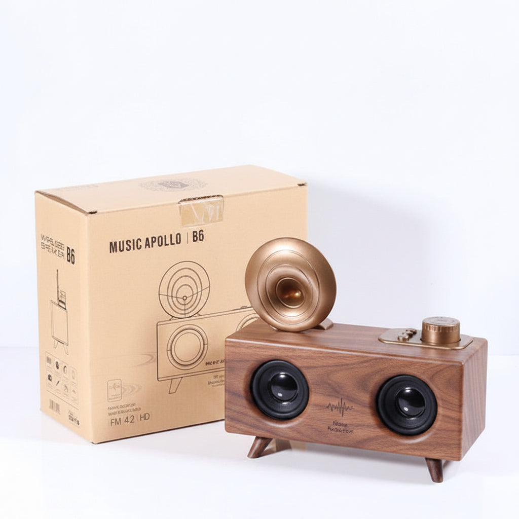 Wooden speaker with gold accents next to its packaging on a white background