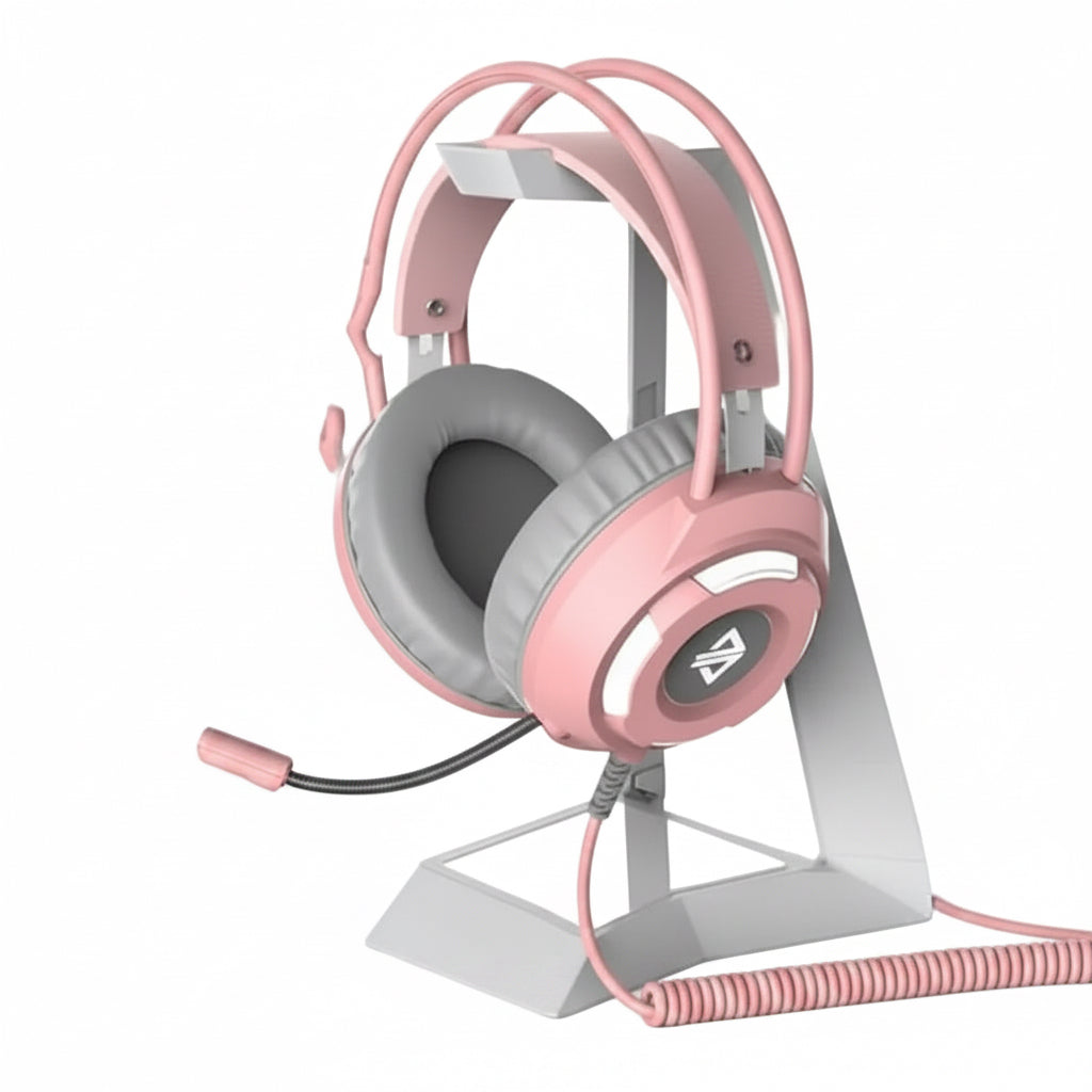 Pink and gray gaming headset with USB cable on a white background