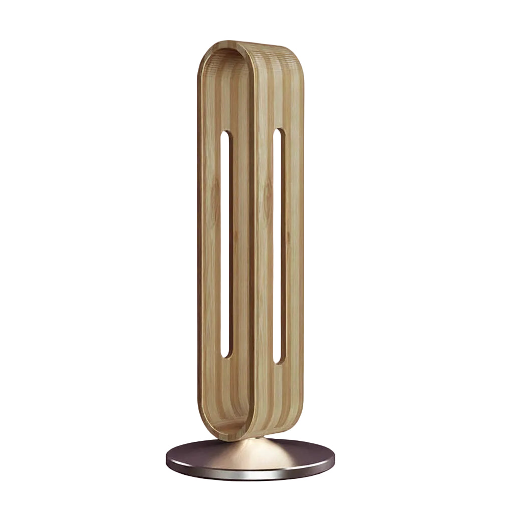 Wooden headset stand with a cylindrical design on a white background