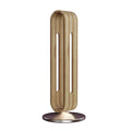 Wooden headset stand with a cylindrical design on a white background