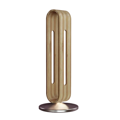 Wooden headset stand with a cylindrical design on a white background